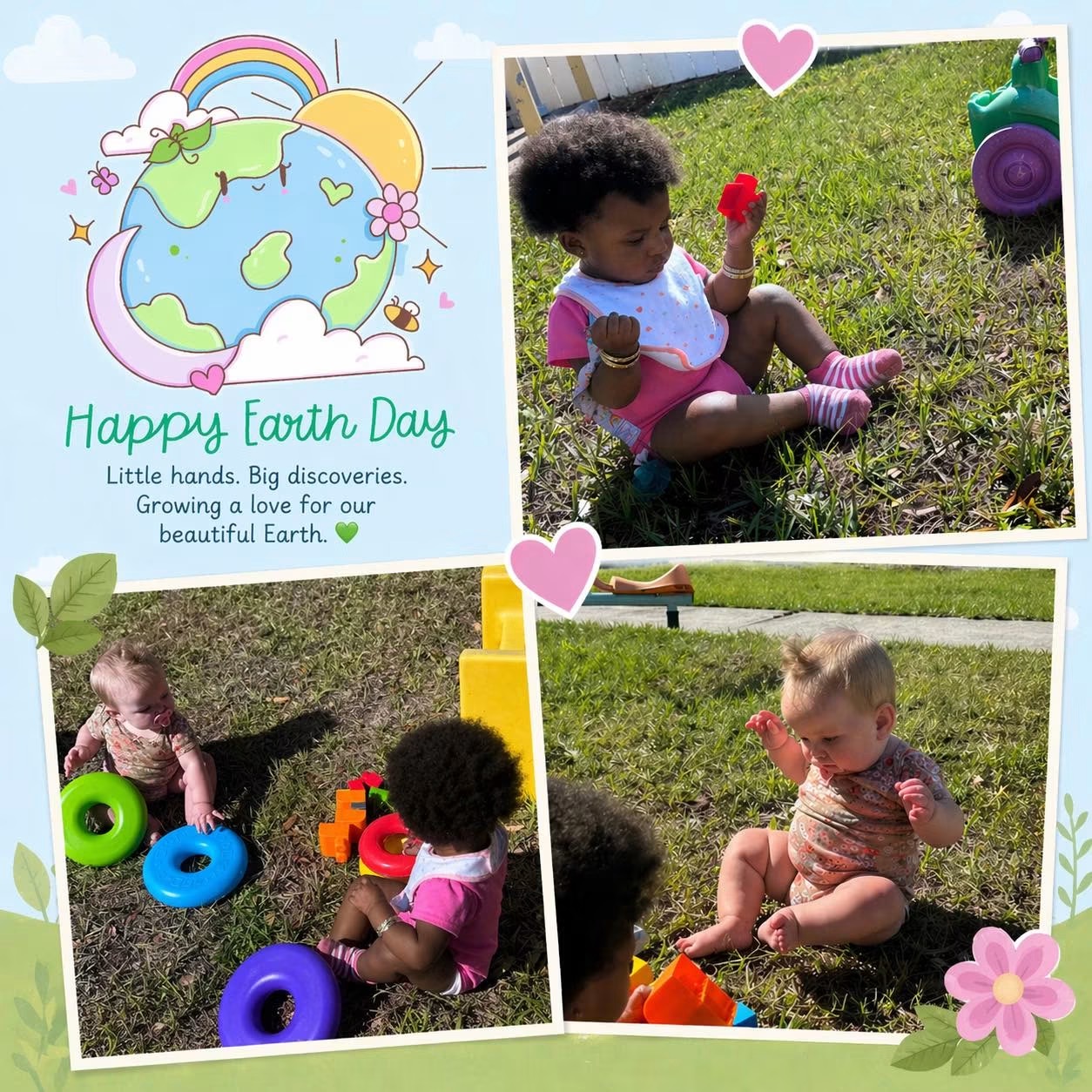 Collage of babies playing outdoors in the grass with toys